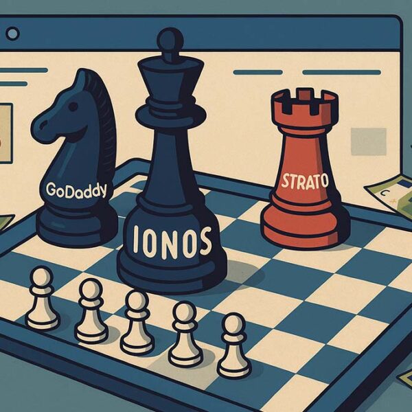 Auf einem Schachbrett stehen mächtige Figuren: GoDaddy, IONOS, Strato einer Handvoll Bauern gegenüber. Sinnbild für: "Hosting und die dunkle Seite von IONOS, Strato & GoDaddy"